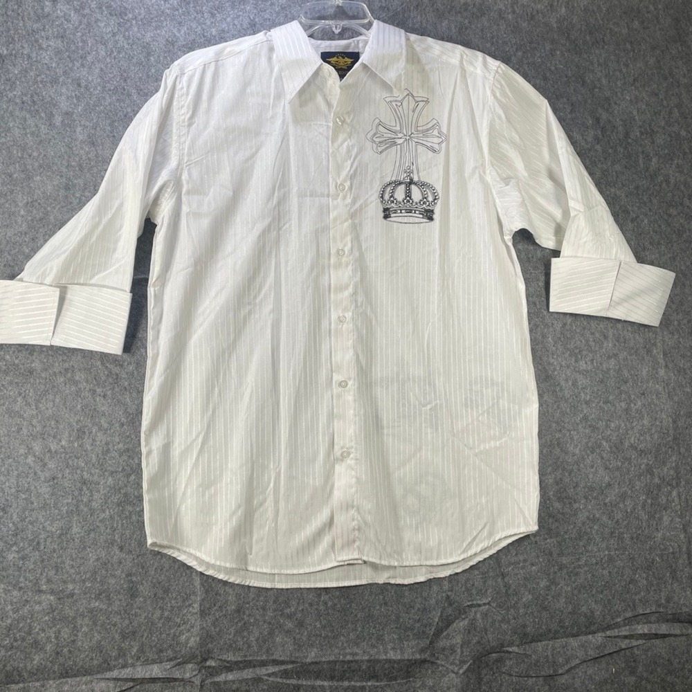 El General Mens XL White Striped 3/4 Sleeve Button Up Crown Cross Shirt